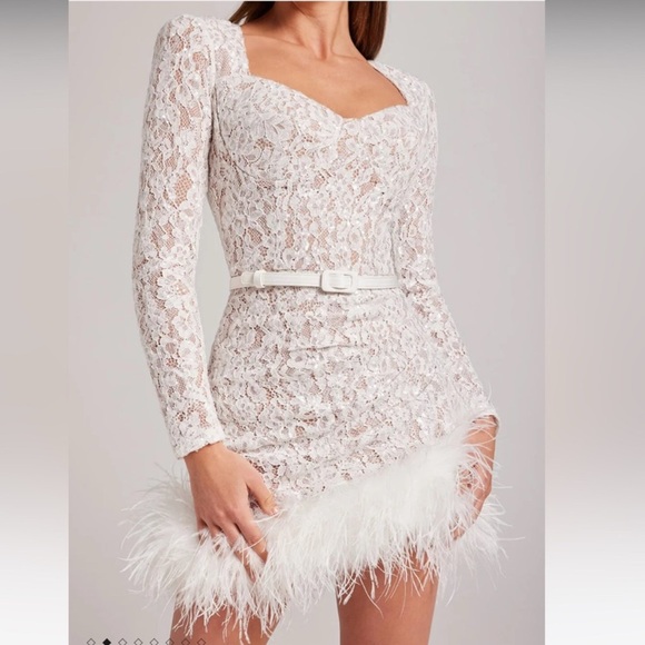 NADINE MERABI Carly Sequins  Mini Dress with detatchable belt and Feather Detail - Picture 3 of 15